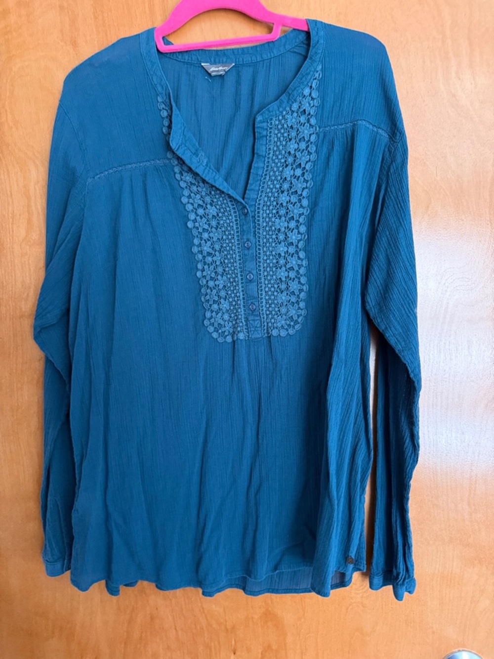 Eddie Bauer Teal Long-Sleeve Crochet-Placket Women's Top